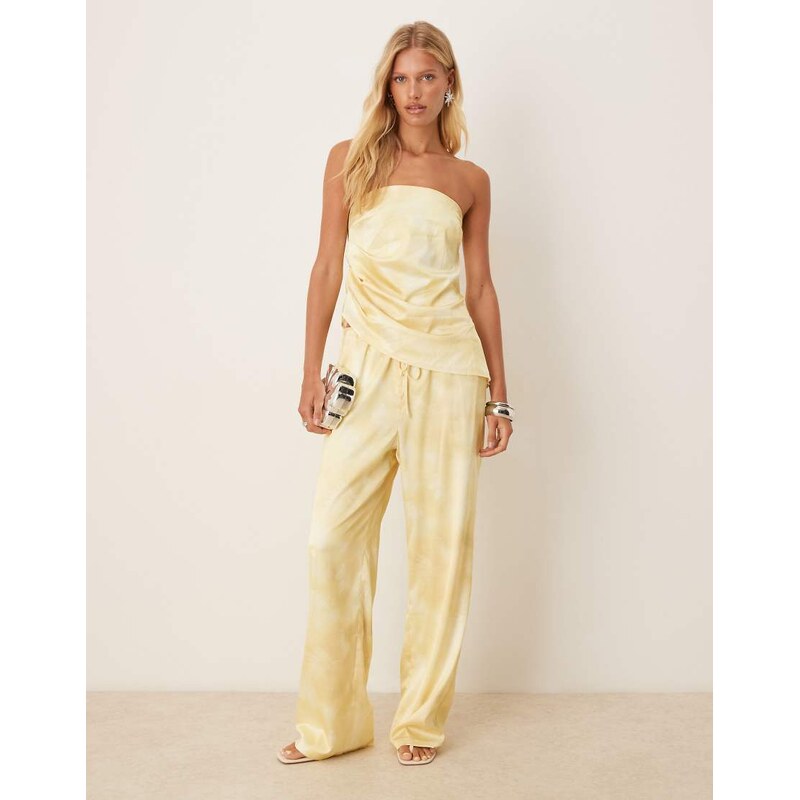SNDYS satin drawstring waist wide leg trousers co-ord in yellow
