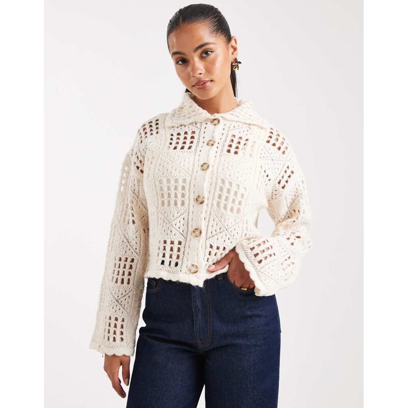 Vero Moda crochet knitted cardigan in birch cream-White 107642161