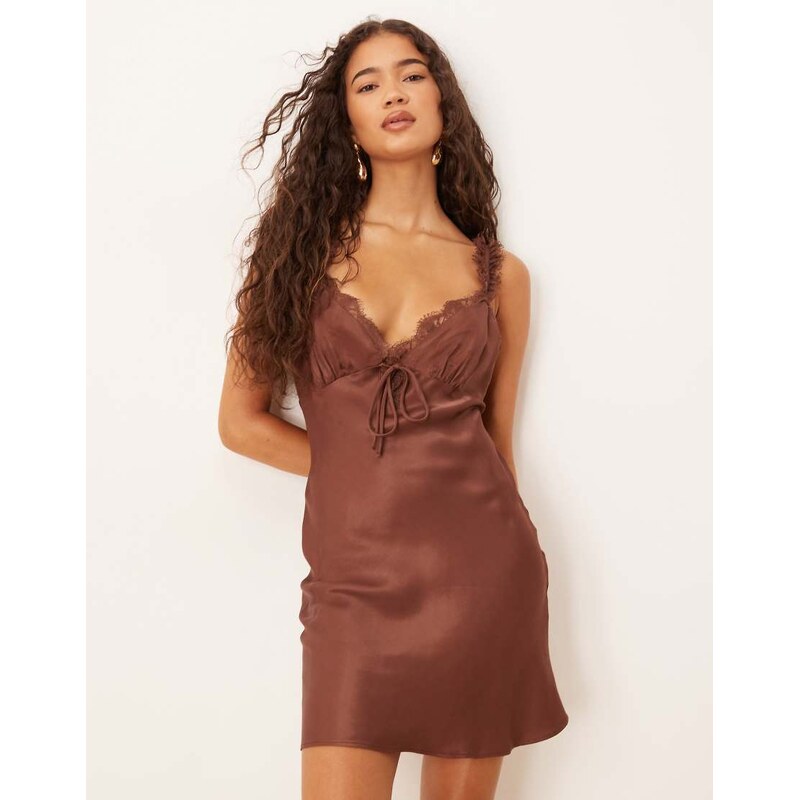ASOS DESIGN frill detail cami satin slip mini dress in chocolate-Brown