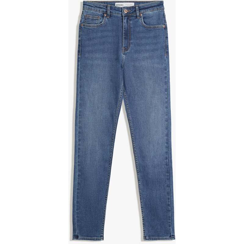 Bershka Super high-waist soft skinny jeans in mid blue 107642212