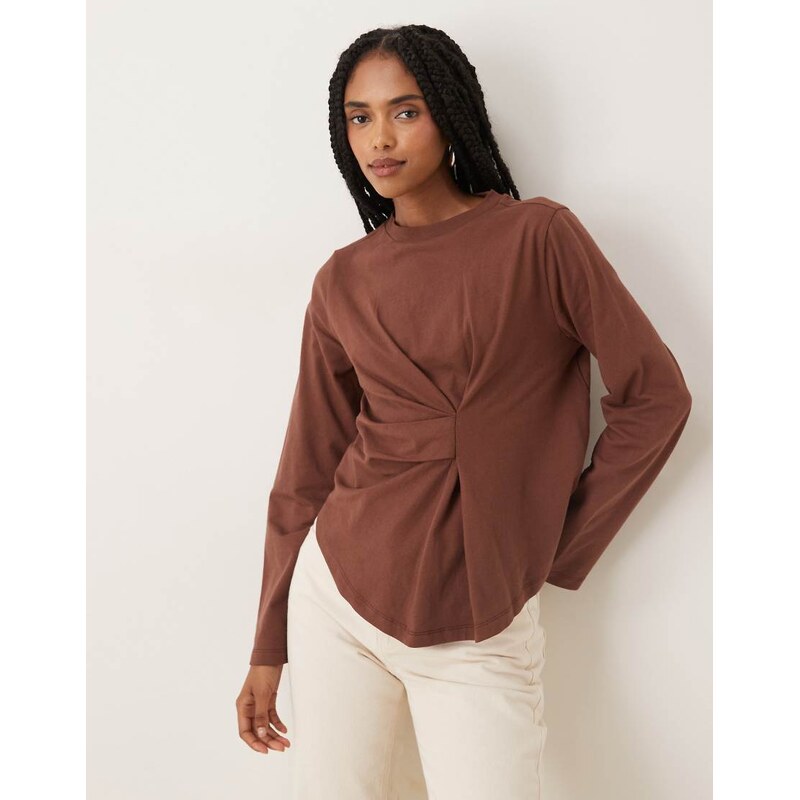ASOS DESIGN pleat detail cinched long sleeve top in chocolate