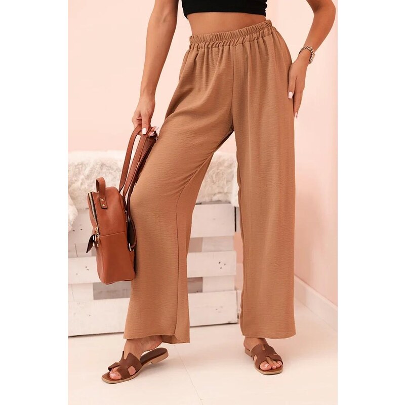 MladaModa Široké viskózové kalhoty model IT-41 barva tmavá camel