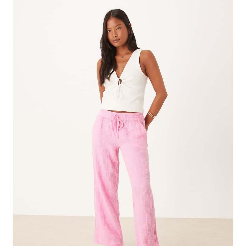 JDY Petite wide leg cheesecloth trousers in pink