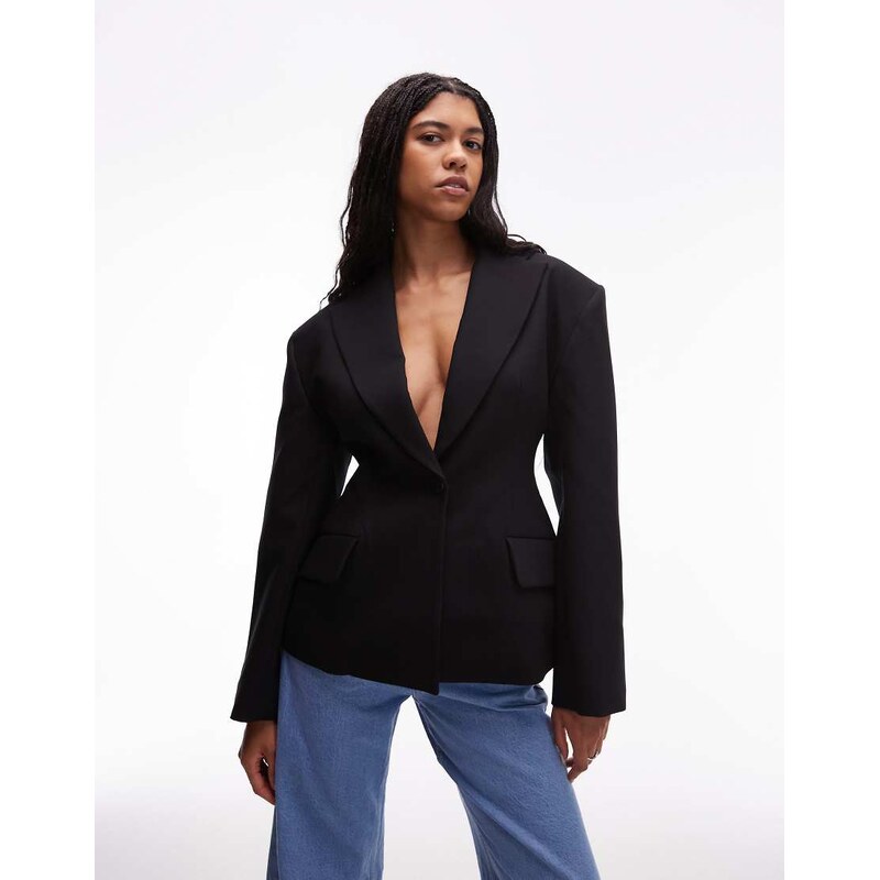 ASOS DESIGN sculpted cinch waist blazer in black
