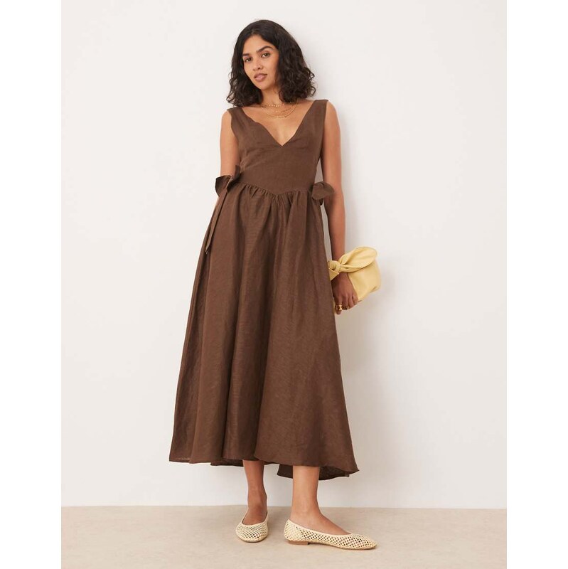 VRG GRL daphne linen ruffle detail midi dress in chocolate brown 115740597