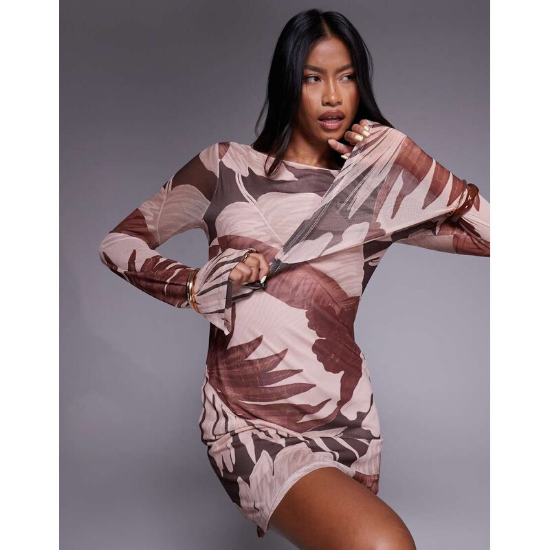 ASOS DESIGN mesh angel long sleeve mini dress in brown and pink