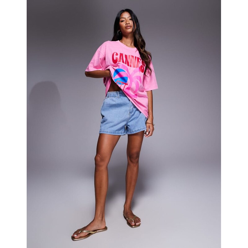 Missyempire denim elasticated paperbag high waist shorts in light blue 107307576