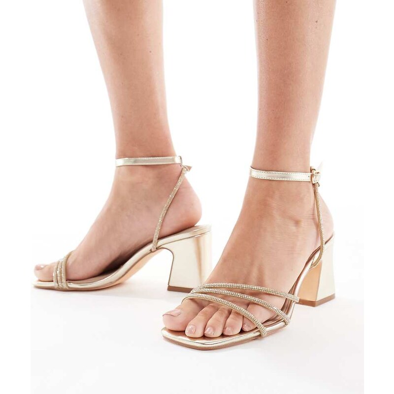 SEQWL Wide Fit Leal strappy block heeled embellished sandals in gold 107721721