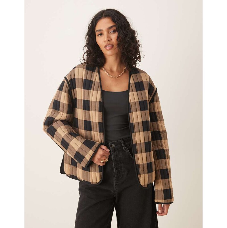 ASOS DESIGN cropped quilted jacket in mono check-Multi