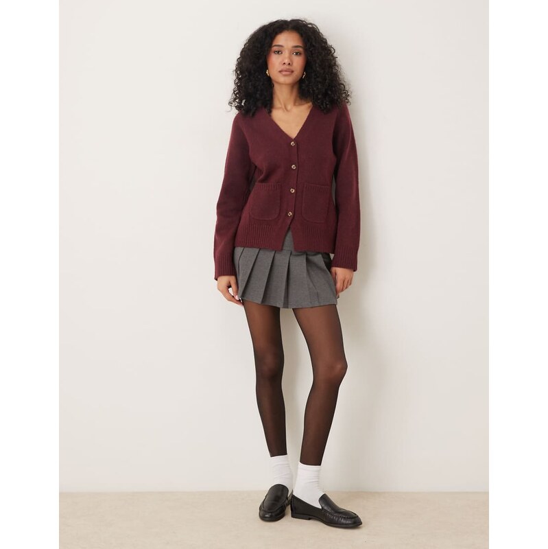 ASOS DESIGN waisted v neck cardigan with pocket detail in burgundy-Red