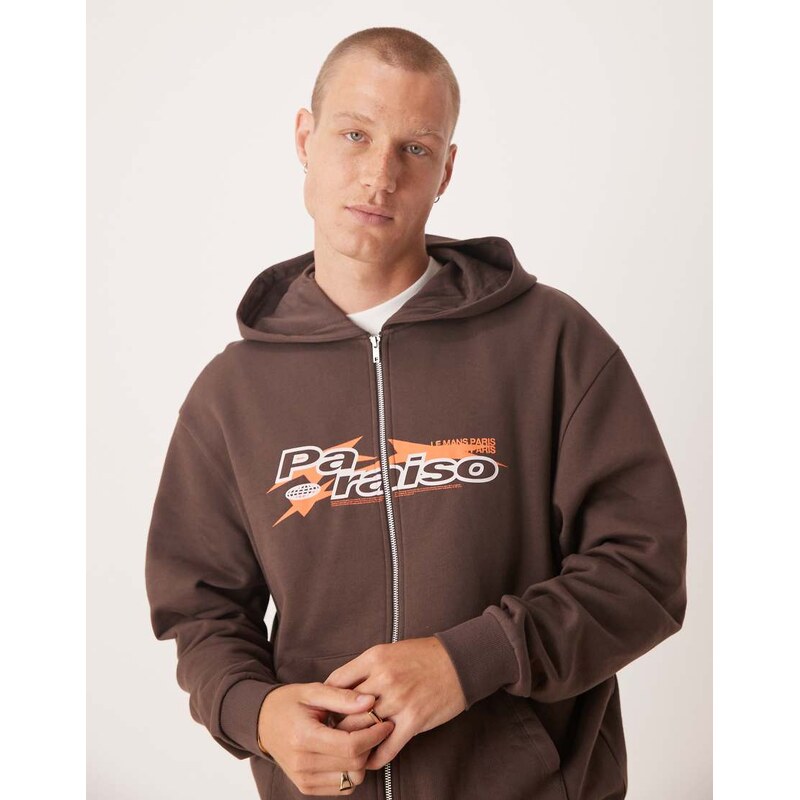 ASOS DESIGN zip through hoodie with sporty print in brown
