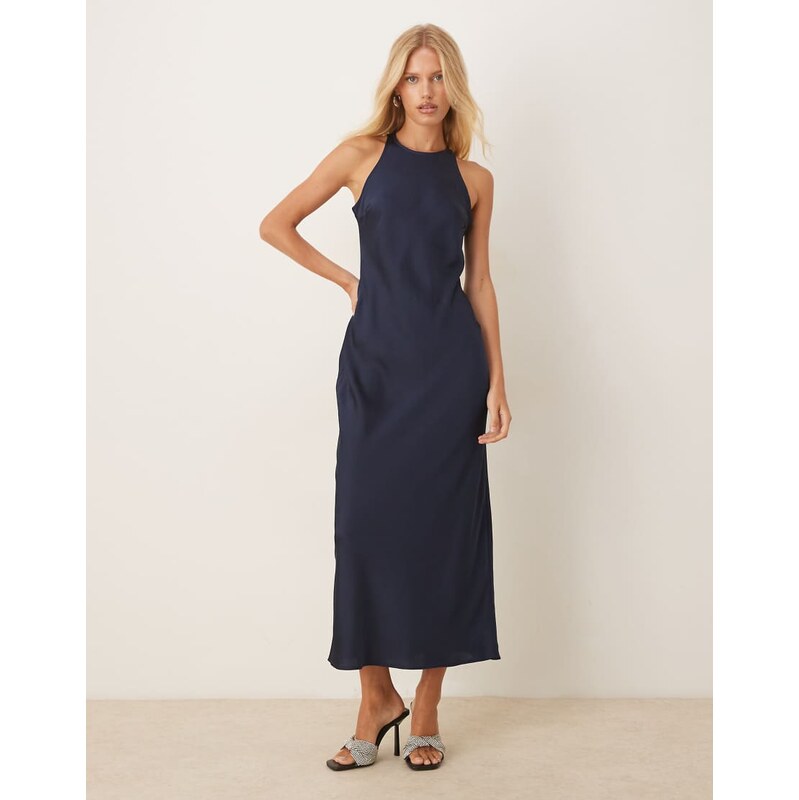 Vila racer satin midaxi dress in deep navy