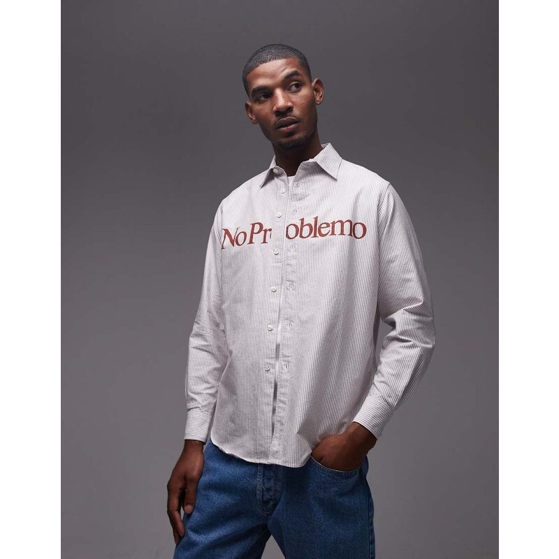 No Problemo red logo long sleeve cotton oxford shirt in grey