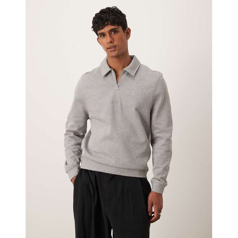 ASOS DESIGN quarter zip sweatshirt with collar in grey marl