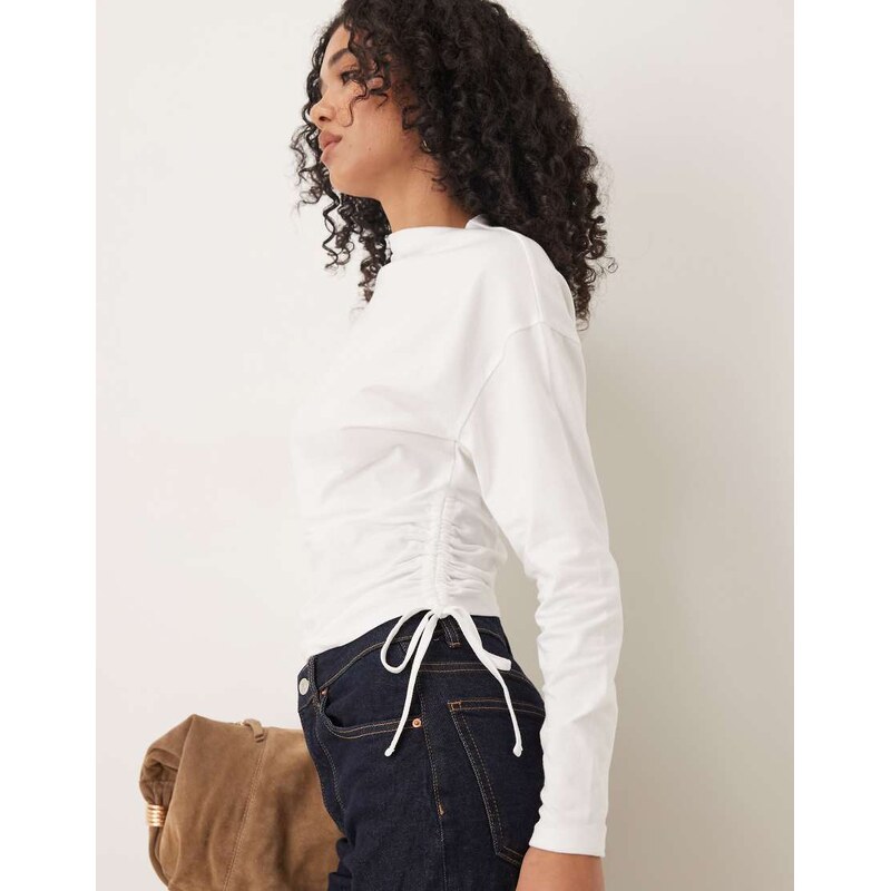 ASOS DESIGN long sleeve tie side ruched top in coconut milk