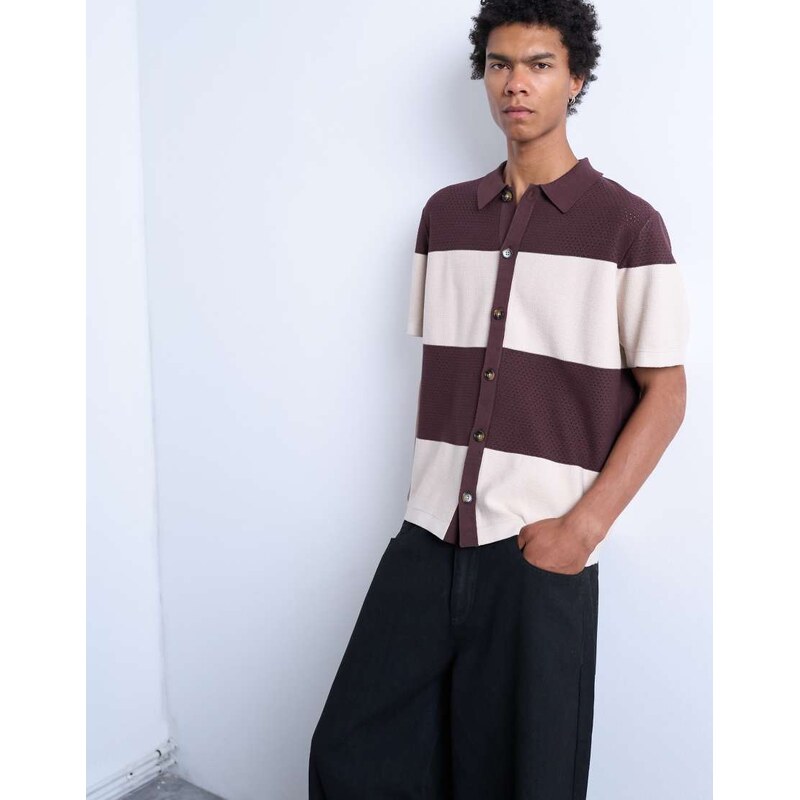 Topman open knit block shirt in stone and ecru-Neutral