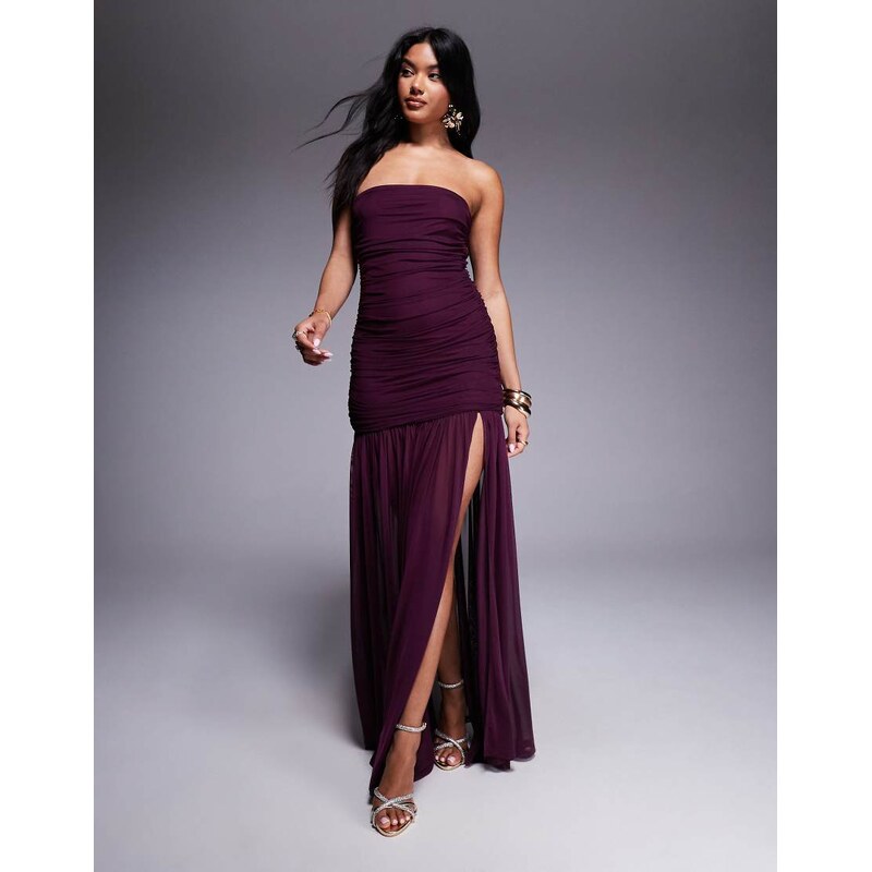 Aria Cove mesh bandeau ruched sheer drop hem side split maxi