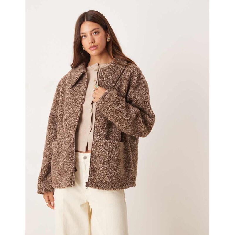 ASOS DESIGN collared borg fleece zip through in two tone neutral