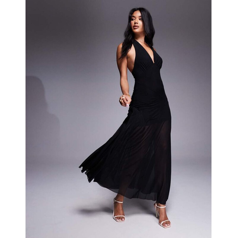 Rare London halter neck plunge sheer hem overlay maxi dress in black 107660210