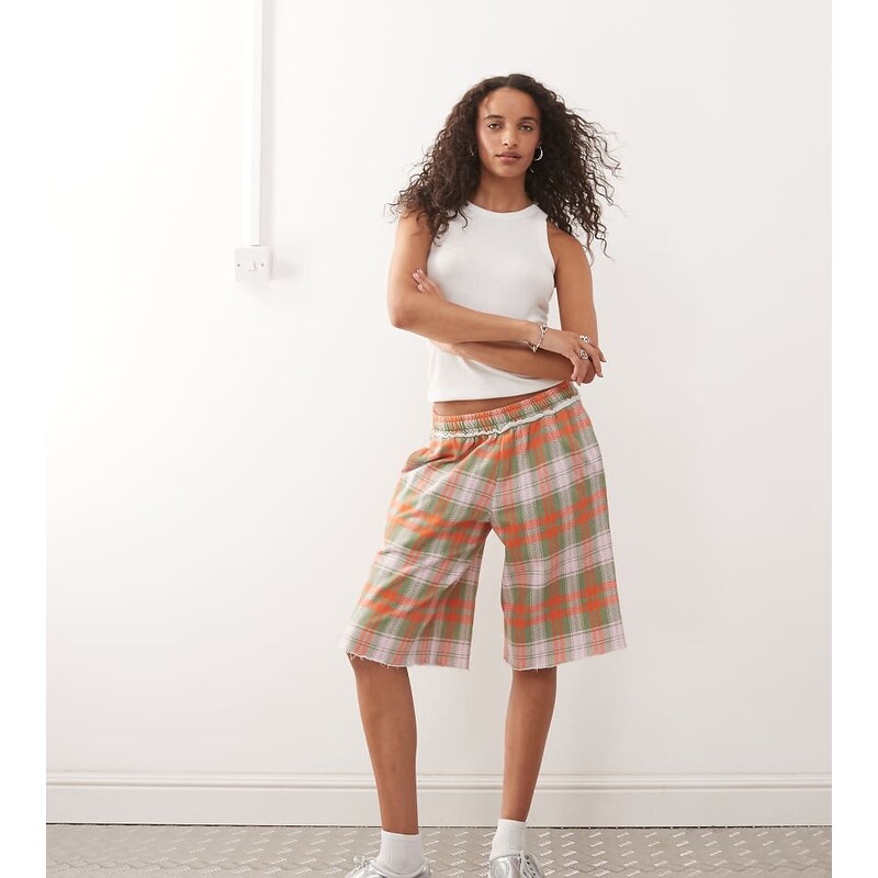 COLLUSION check print long jogger shorts-Multi 107660223