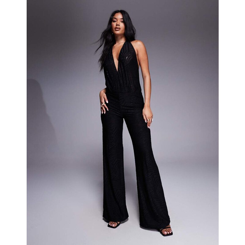 Oh Polly halter drop back jumpsuit in black