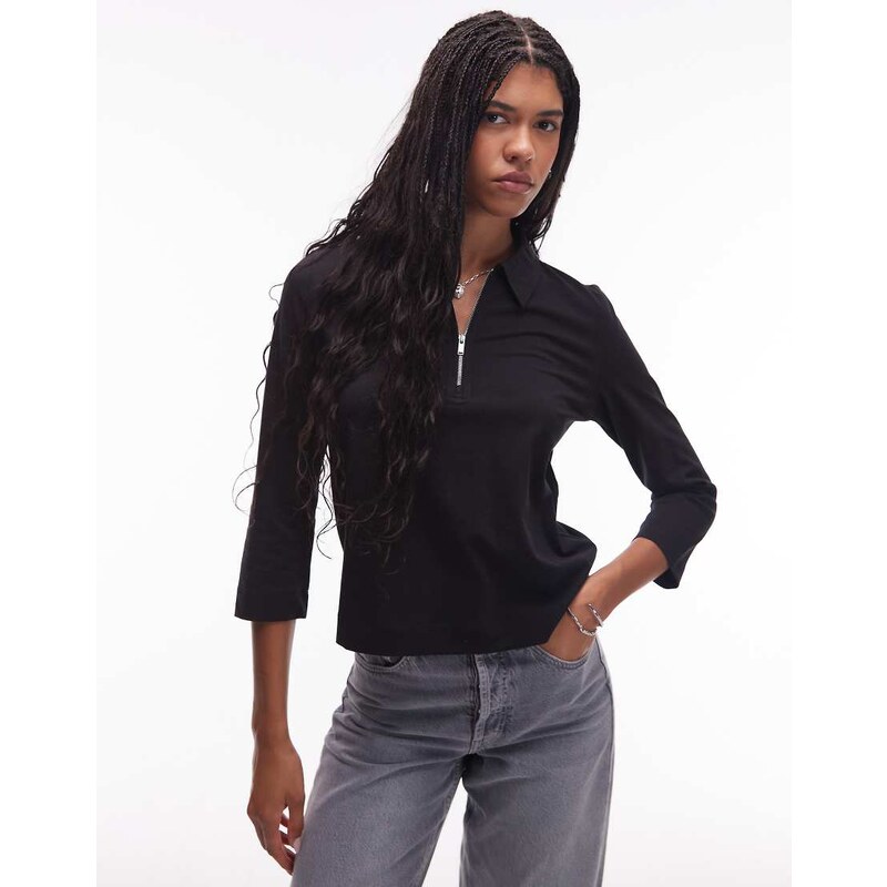 ARKET jersey rib polo top with zip collar and 3/4 length sleeves