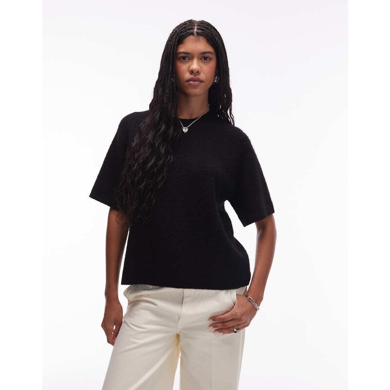 ARKET alpaca and wool blend short sleeve sweater in black 107660324