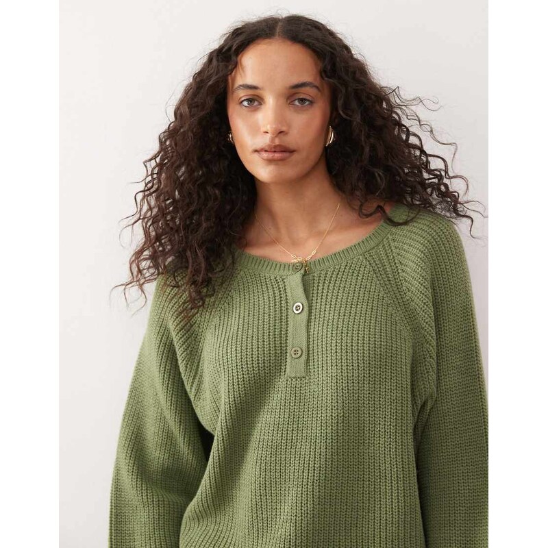 COLLUSION raglan button up knitted jumper-Green