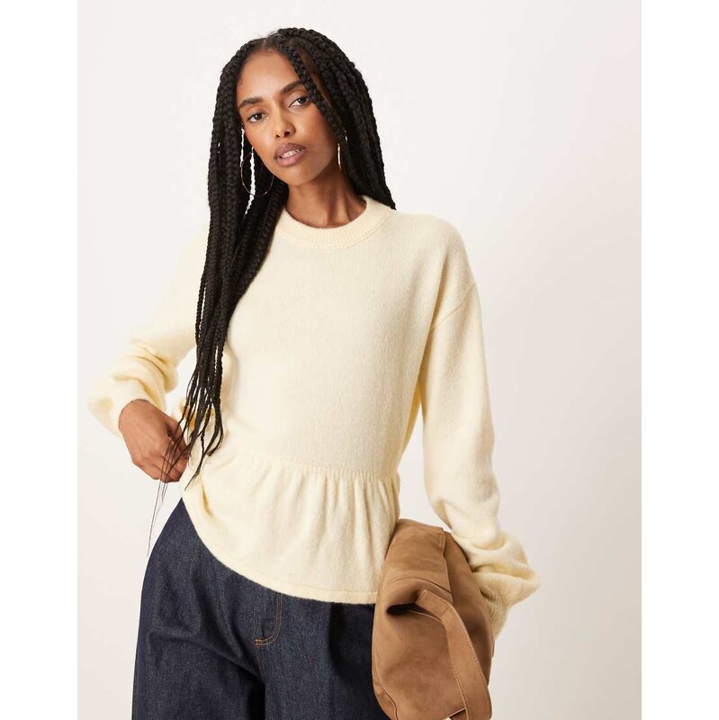 ASOS DESIGN peplum hem knitted jumper in buttermilk-White 107660354