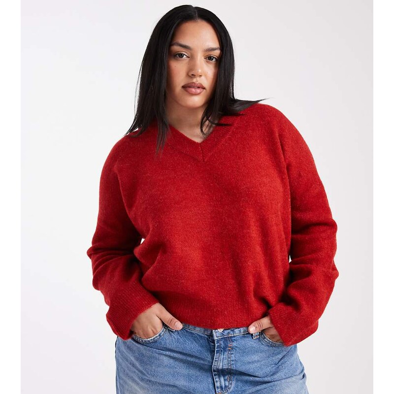 ASOS Curve ASOS DESIGN Curve knitted boxy v neck jumper in red 115510875