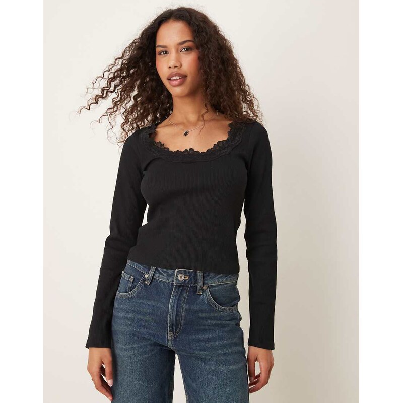 ASOS DESIGN ribbed round neck long sleeve top with lace trim in black