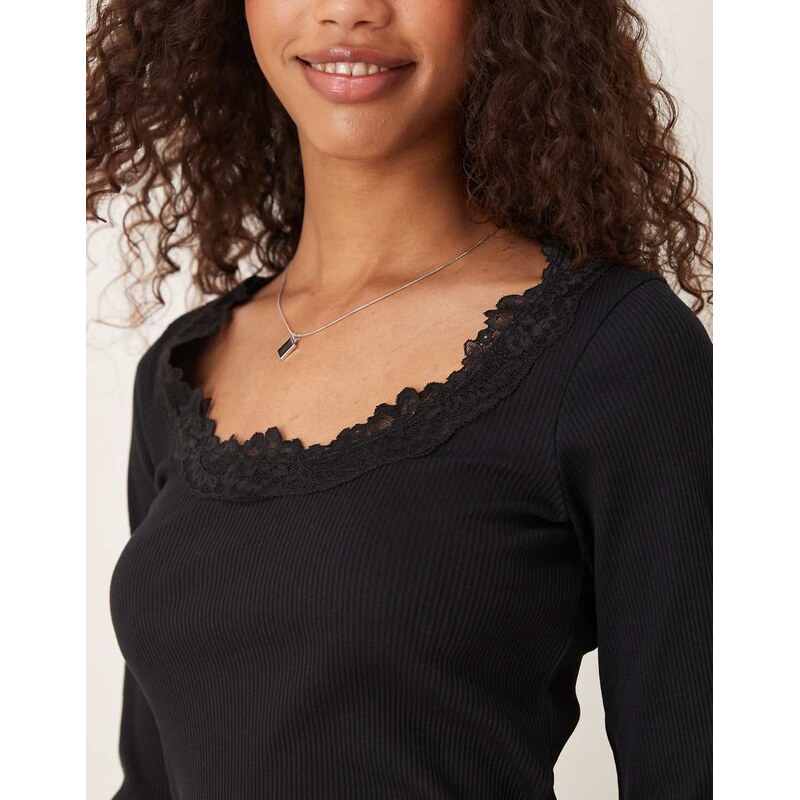 ASOS DESIGN ribbed round neck long sleeve top with lace trim in black