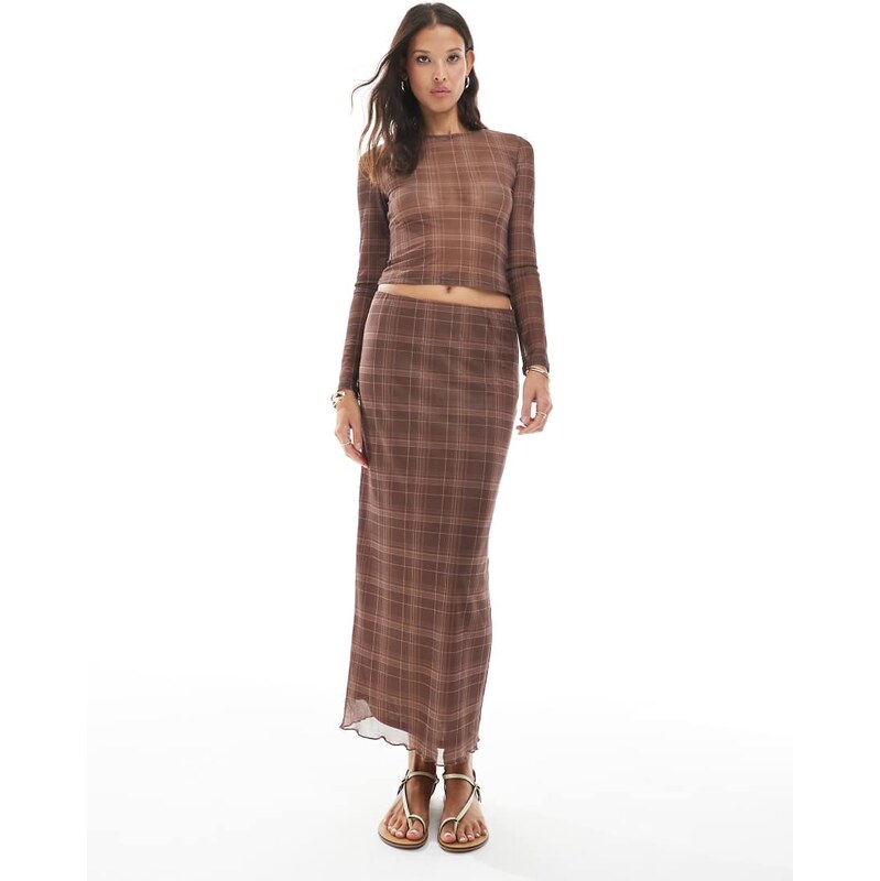 Vero Moda sheer mesh maxi skirt co-ord in mocha check print-Brunette 108091416