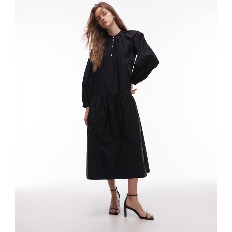 ARKET pure cotton smock maxi dress with puff sleeves in black 115589460