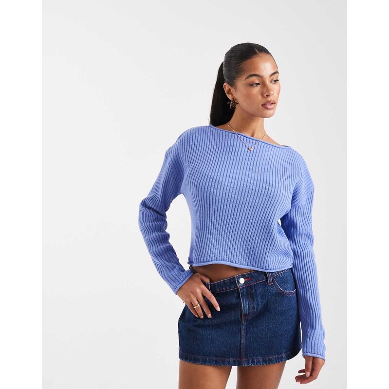 ASOS DESIGN crew neck boxy rib jumper with rolled edge in blue