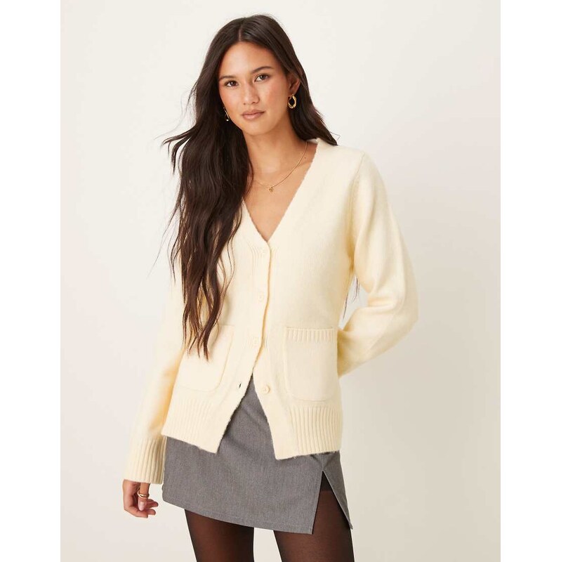 ASOS DESIGN waisted v neck cardigan with pocket detail in buttermilk-Yellow