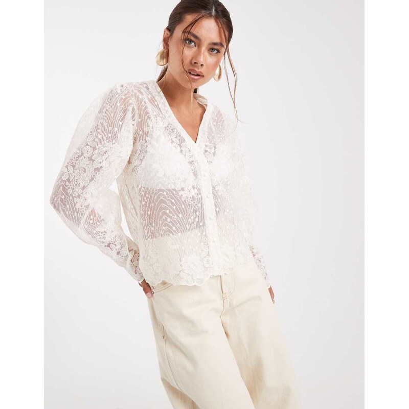Object premium sheer corded lace button front blouse in cream-White 107665978