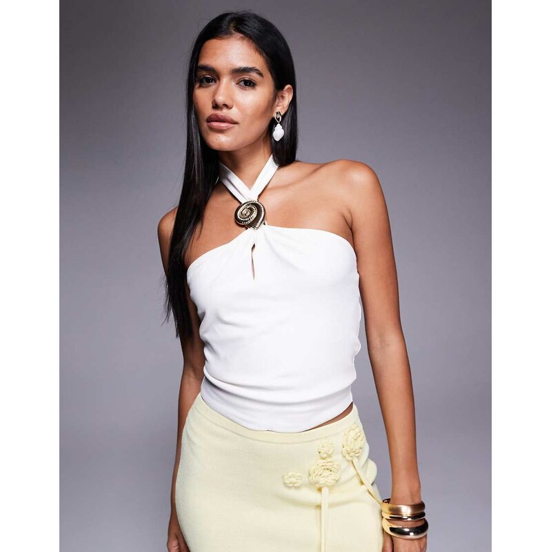 River Island shell trim halter neck top in white