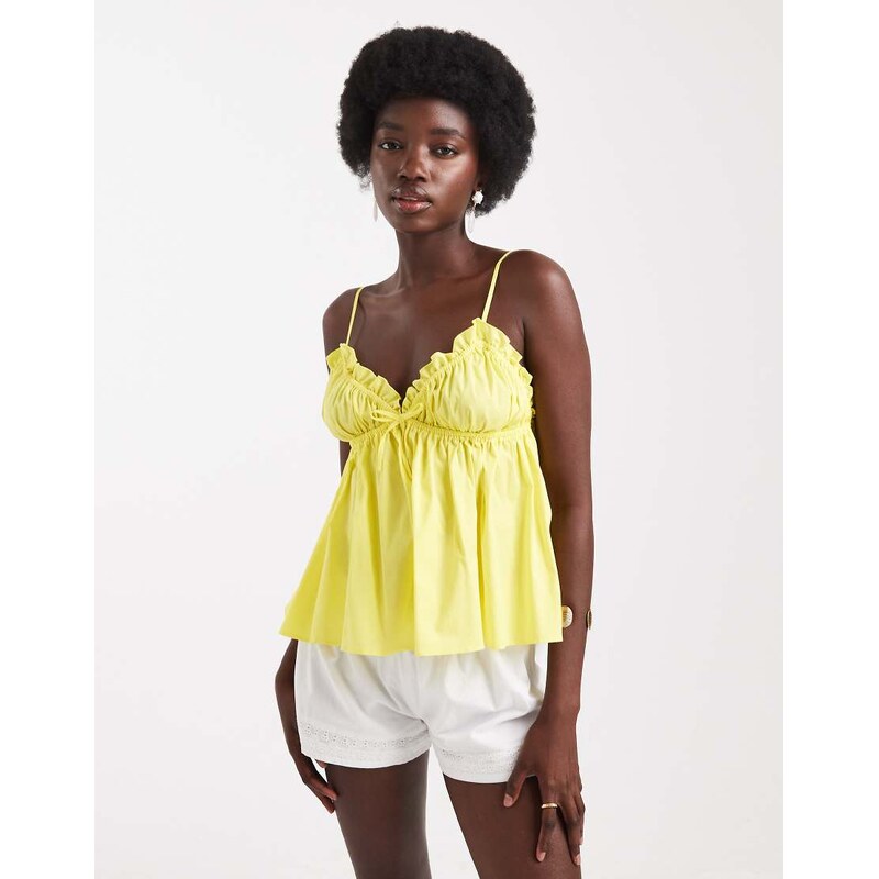 Miss Selfridge poplin cami top in yellow-White 107666022