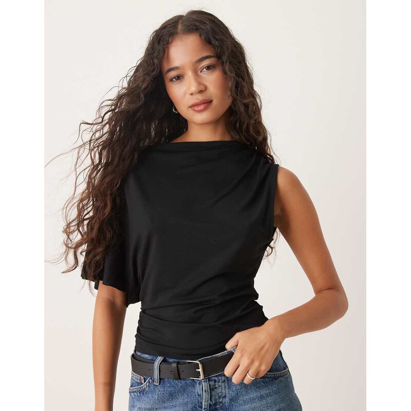 ASOS DESIGN cupro one shoulder cape top in charcoal-Black