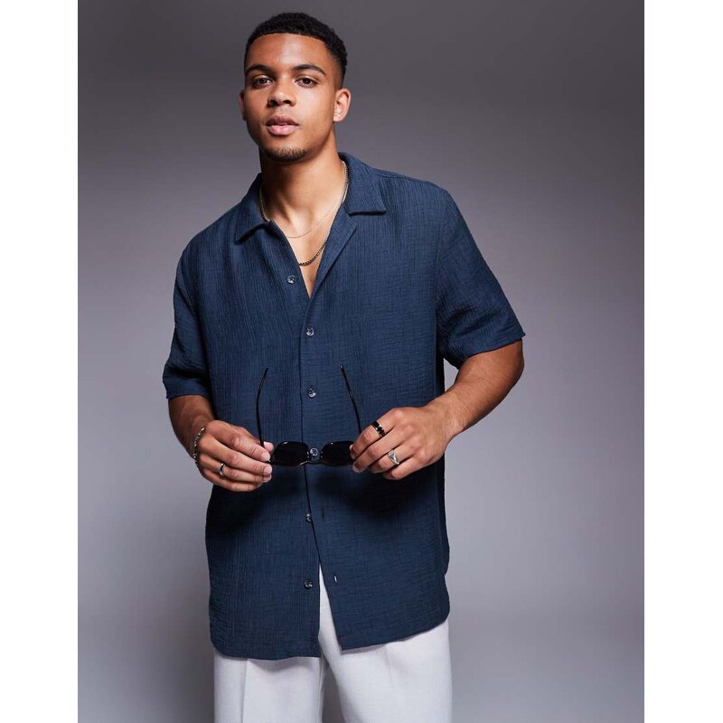 ASOS DESIGN boxy oversized textured shirt in navy-Grey
