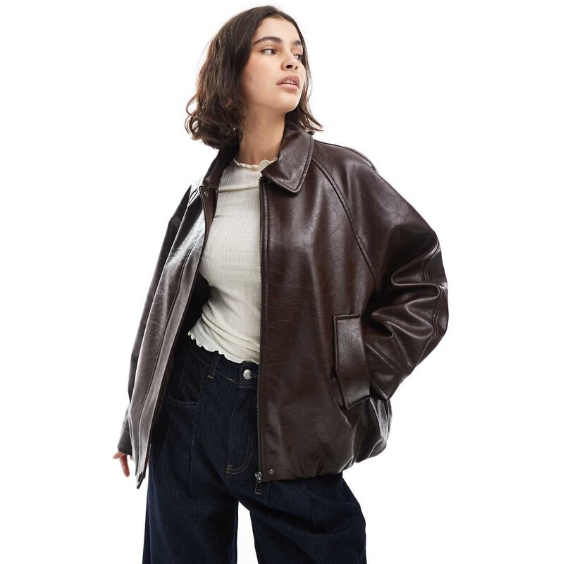 ASOS DESIGN leather look oversized bomber jacket in chocolate