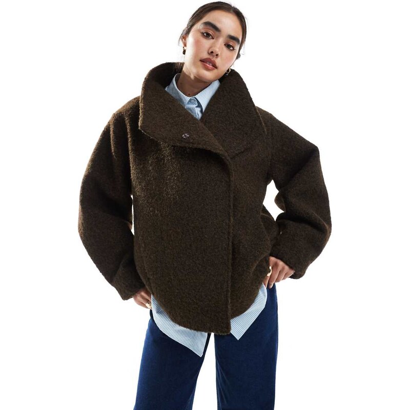 ASOS DESIGN cosy funnel neck oversized jacket in chocolate-Neutral 112338823