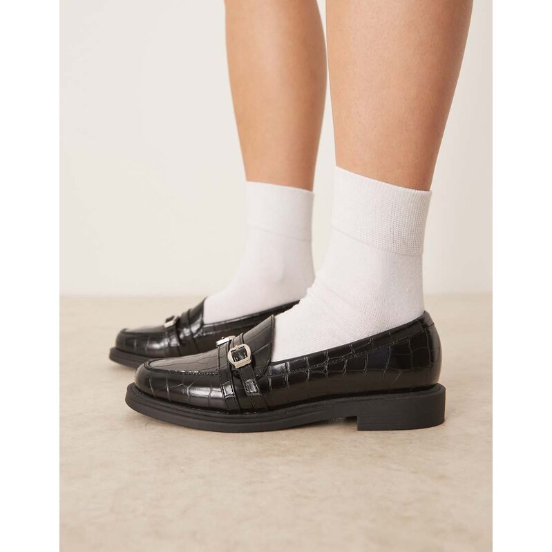 ASOS DESIGN Molly double buckle loafer in black croc 111133266