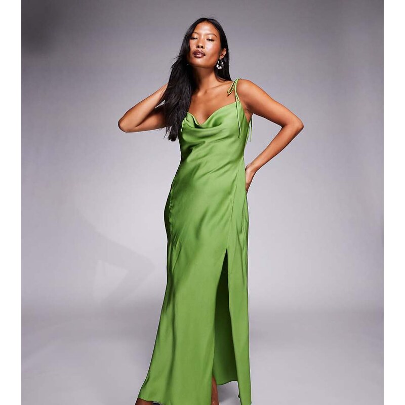 ASOS Petite ASOS DESIGN Petite satin tie strap maxi dress with split 107679939