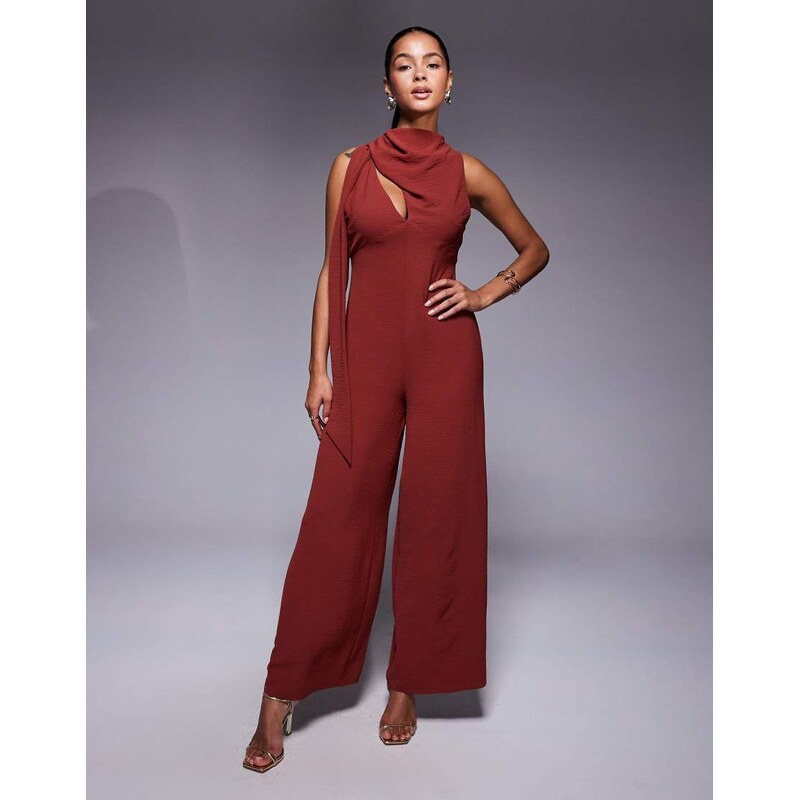 ASOS DESIGN cowl draped neck wide leg jumpsuit with tie detail