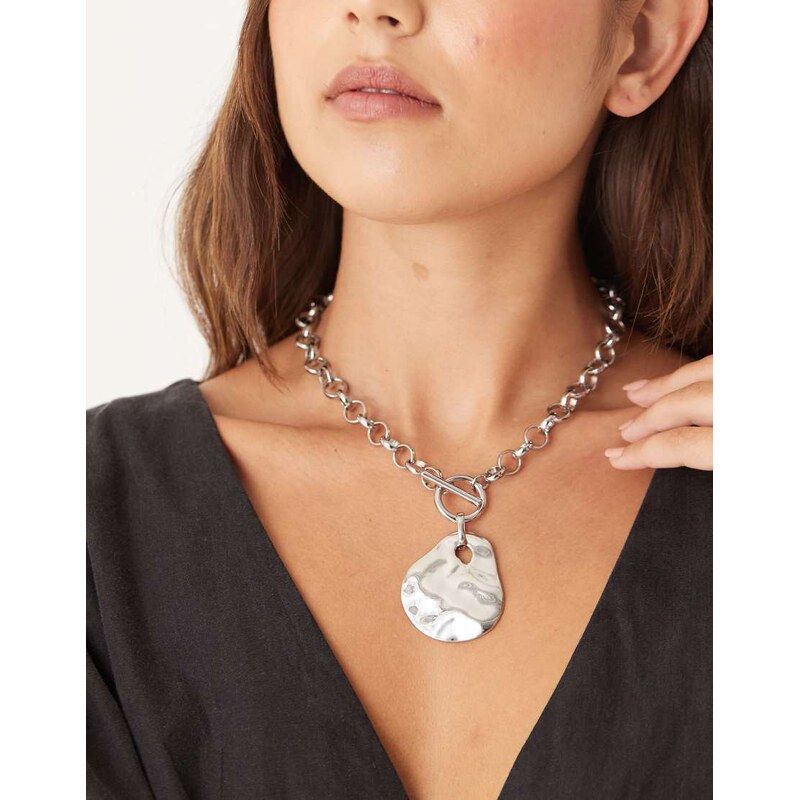 ASOS DESIGN t-bar necklace with hammered pendant in silver tone 107679978