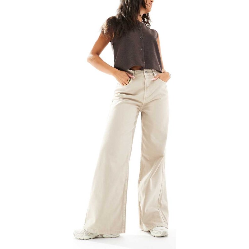 ASOS DESIGN high waisted wide leg jeans with cinch in stone