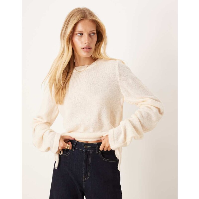 ASOS DESIGN knitted jumper with gathered sleeves in ecru-White 107680043