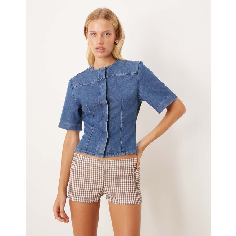 ASOS DESIGN denim collarless short sleeve top in mid blue 114703942